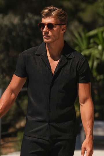 Heren Kortarm Shirt Urbanos Plissé Zwart