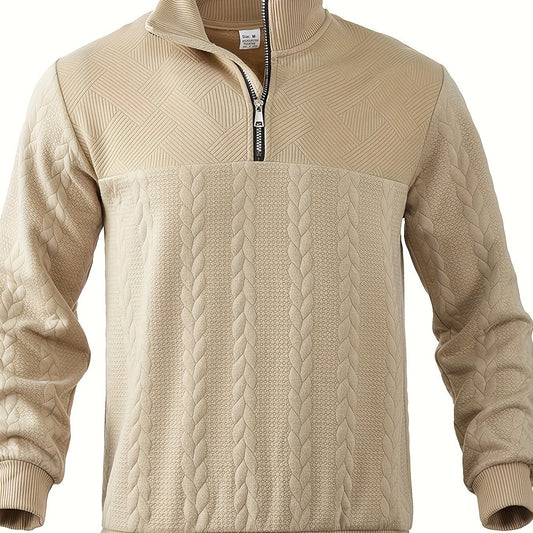 Heren kabeltrui, polyester, met coltrui, elastisch stof, lange mouwen en ritssluiting, perfect voor casual en warme outfits.